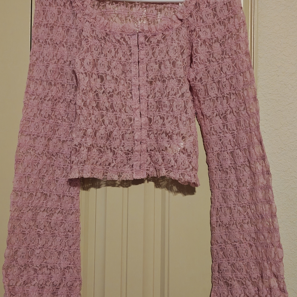 Free People One Madison Top Women XL Smocked 🌹 Rose Lace Sheer Fairy Pink Boho - Picture 10 of 13